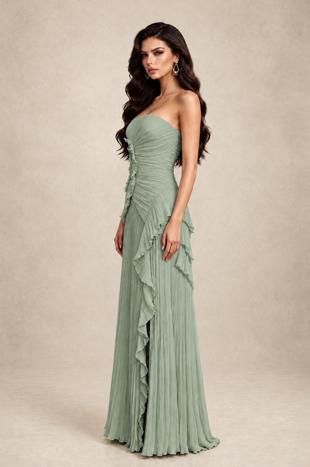 BOLODOO Dusty Sage Strapless Ruffle Pleated Slit Evening Gown - Dusty Sage - Dusty Sage_4