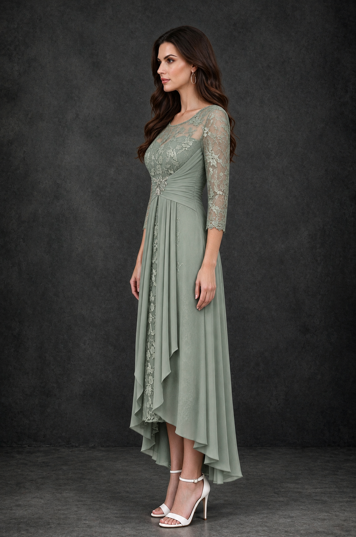 BOLODOO Dusty Sage Sequin Lace & Chiffon Tea-Length Mother of the Bride Dress with 3/4 Sleeves - Dusty Sage - Dusty_Sage_5