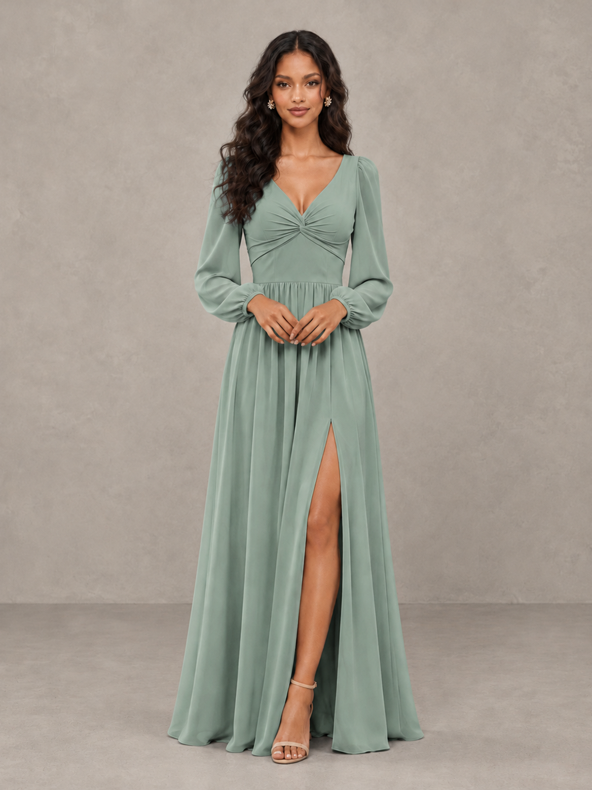 BOLODOO Dusty Sage V-Neck Long Sleeve Bridesmaid Dress with Tie Back and Slit - Dusty Sage - Dusty Sage_5