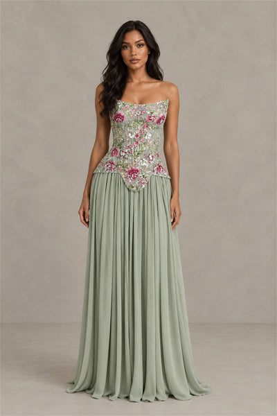 BOLODOO Dusty Sage Strapless Floral Beaded Chiffon Maxi Dress - Dusty Sage