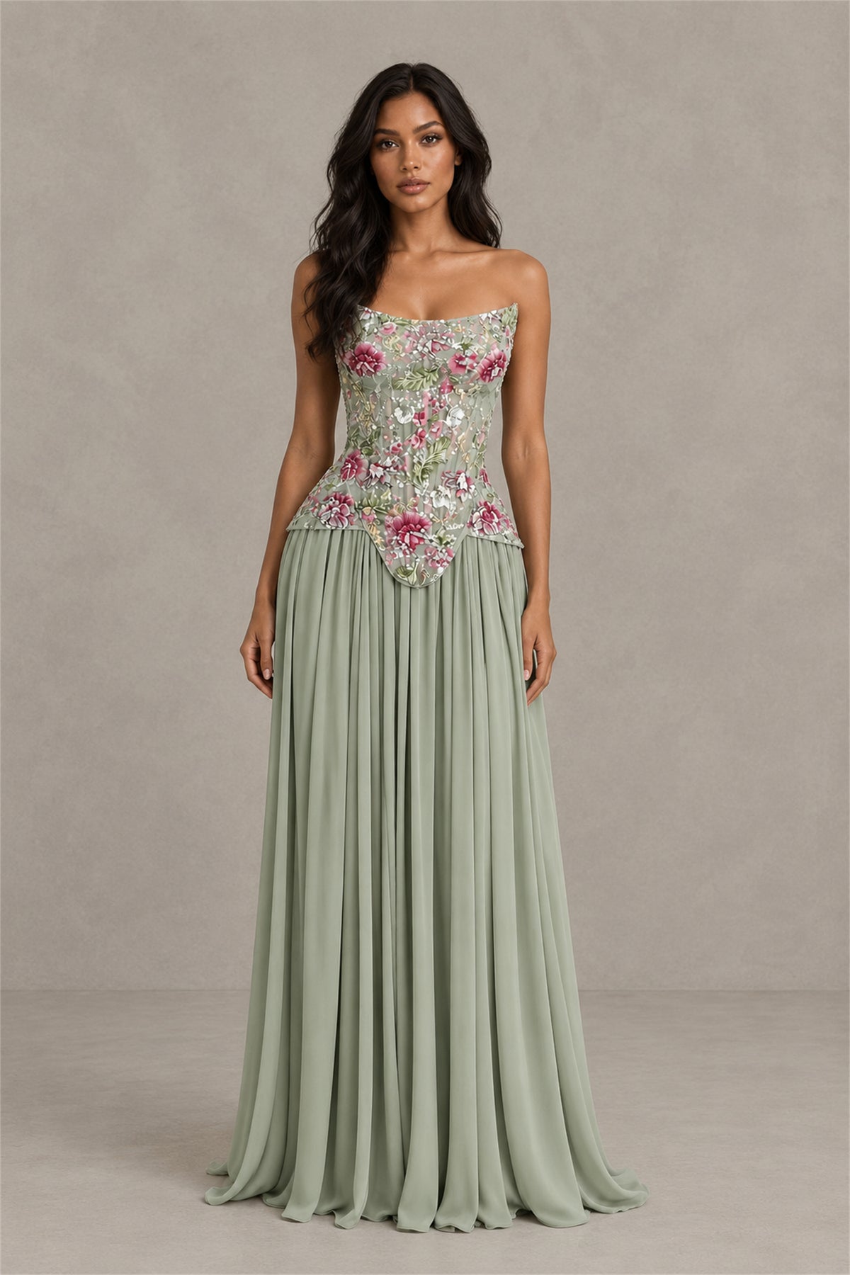 BOLODOO Dusty Sage Strapless Floral Beaded Chiffon Maxi Dress - Dusty Sage