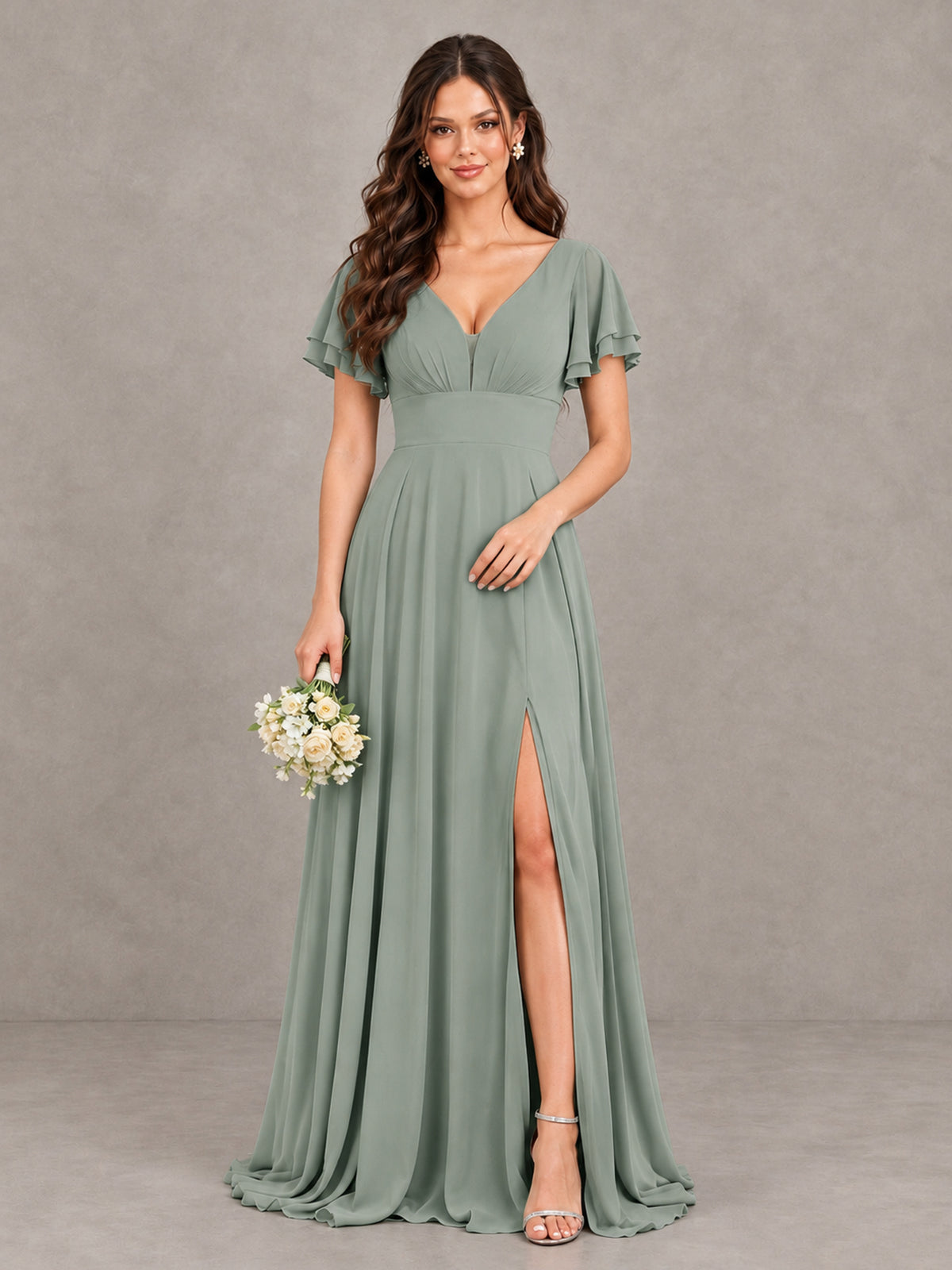 BOLODOO Dusty Sage Flutter Sleeve Chiffon A-Line Maxi Bridesmaid Dress with Open Back & Slit - Dusty Sage - Dusty Sage (1)