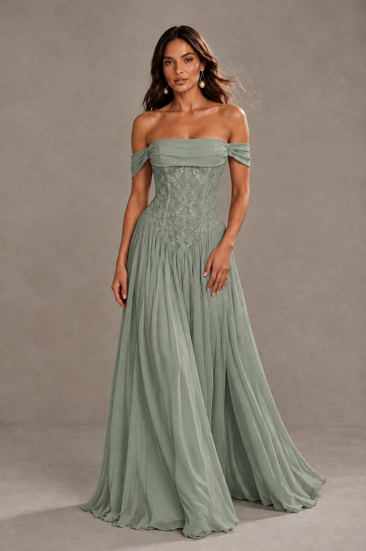 BOLODOO Dusty Sage Off-Shoulder Lace Corset Tulle Maxi Dress - Dusty Sage - Dusty Sage (1)