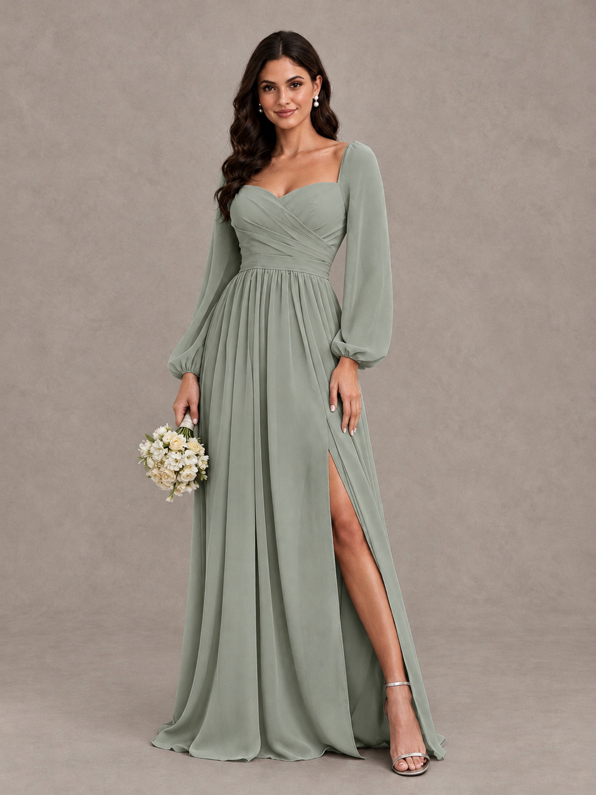 BOLODOO Dusty Sage Long Sleeve Chiffon Bridesmaid Dress with Slit - Dusty Sage - Dusty Sage (1)