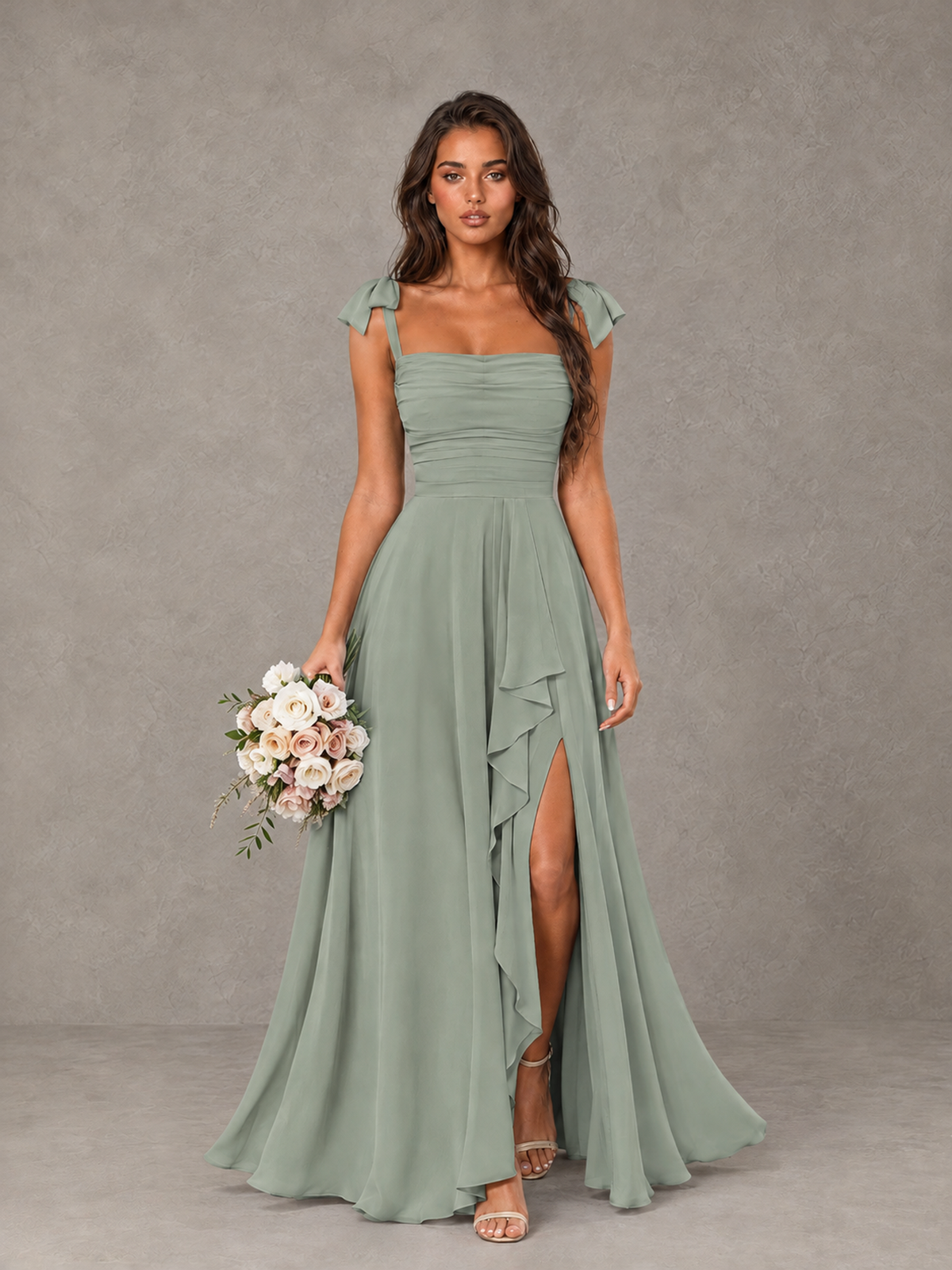 BOLODOO Dusty Sage Bow-Strap Bridesmaid Dress with Ruffle Slit - Dusty Sage - Dusty Sage (1)