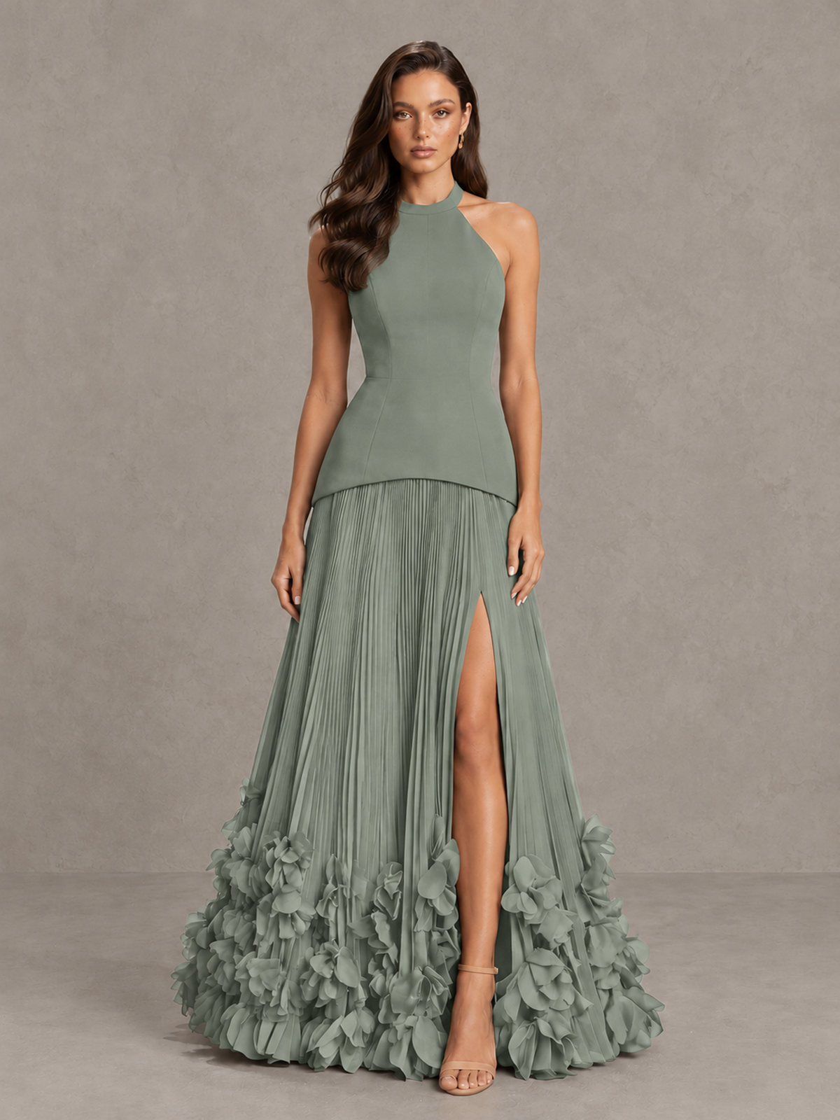 BOLODOO Dusty Sage Halter Neck Floor-Length Evening Gown with High Slit & 3D Floral Hem - Dusty Sage - Dusty Sage (1)