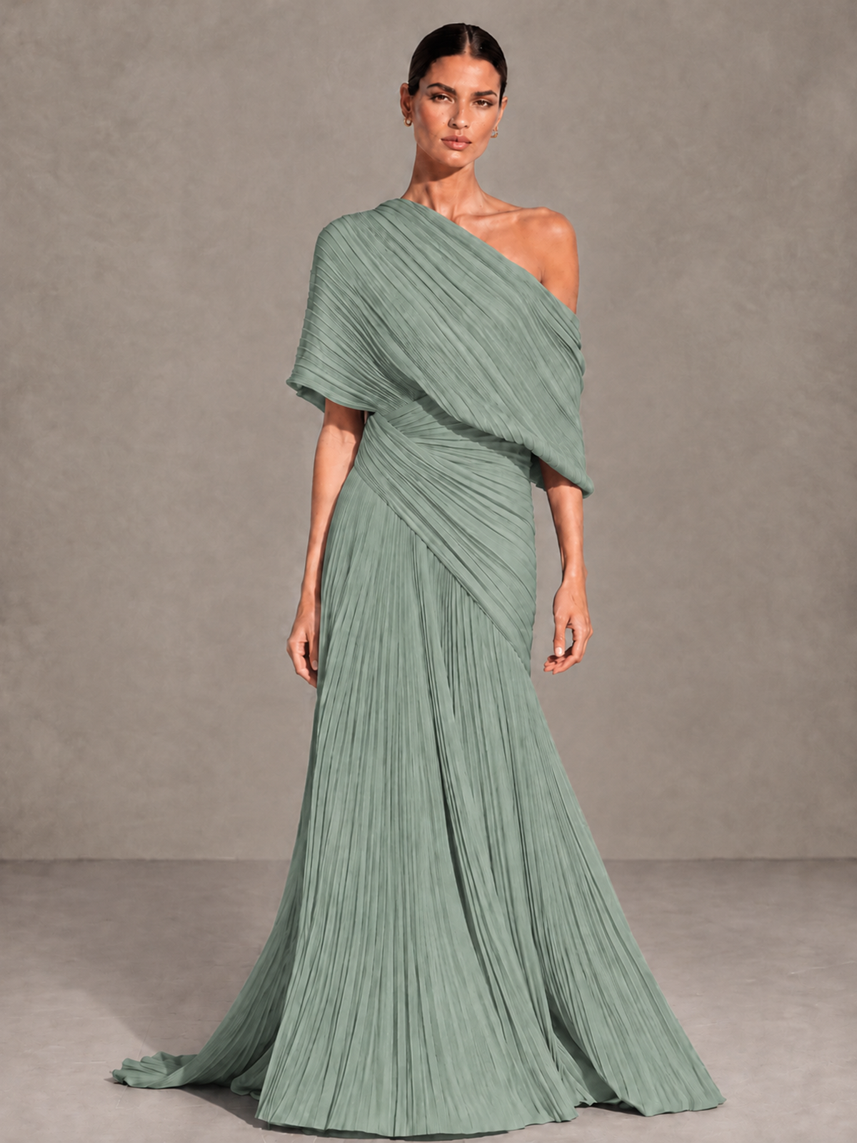 BOLODOO Dusty Sage One-Shoulder Pleated Cape Evening Gown with Train - Dusty Sage - Dusty Sage (1)