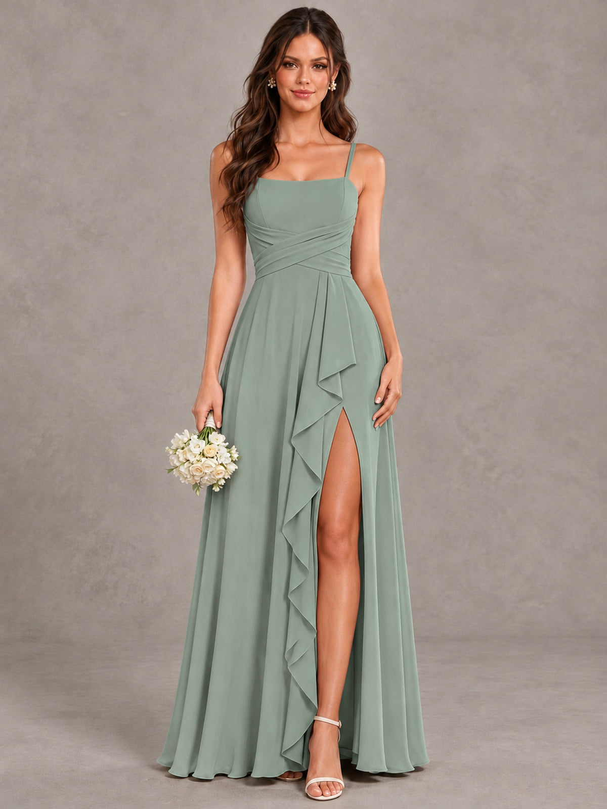 BOLODOO Dusty Sage Spaghetti Strap Ruffle Bridesmaid Dress with Slit - Dusty Sage - Dusty Sage (1)