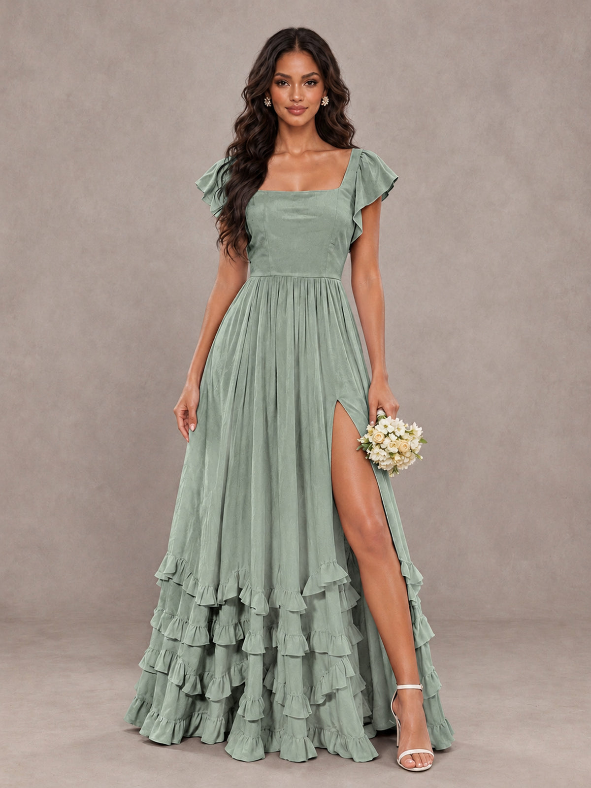 BOLODOO Dusty Sage Flutter Sleeve Ruffle Bridesmaid Dress with Slit - Dusty Sage - Dusty Sage (1)