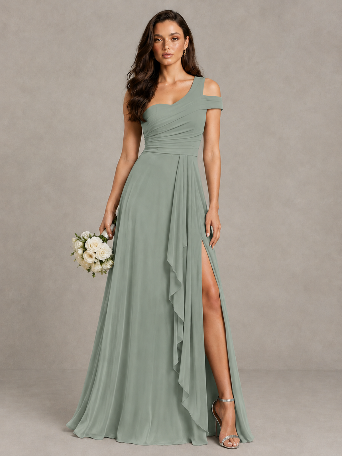 BOLODOO Dusty Sage One-Shoulder Bridesmaid Dress with Side Slit - Dusty Sage - Dusty Sage (1)