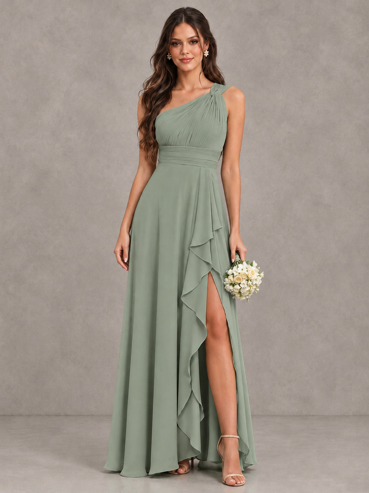 BOLODOO Dusty Sage One-Shoulder Ruffle Bridesmaid Dress with Slit - Dusty Sage - Dusty Sage (1)