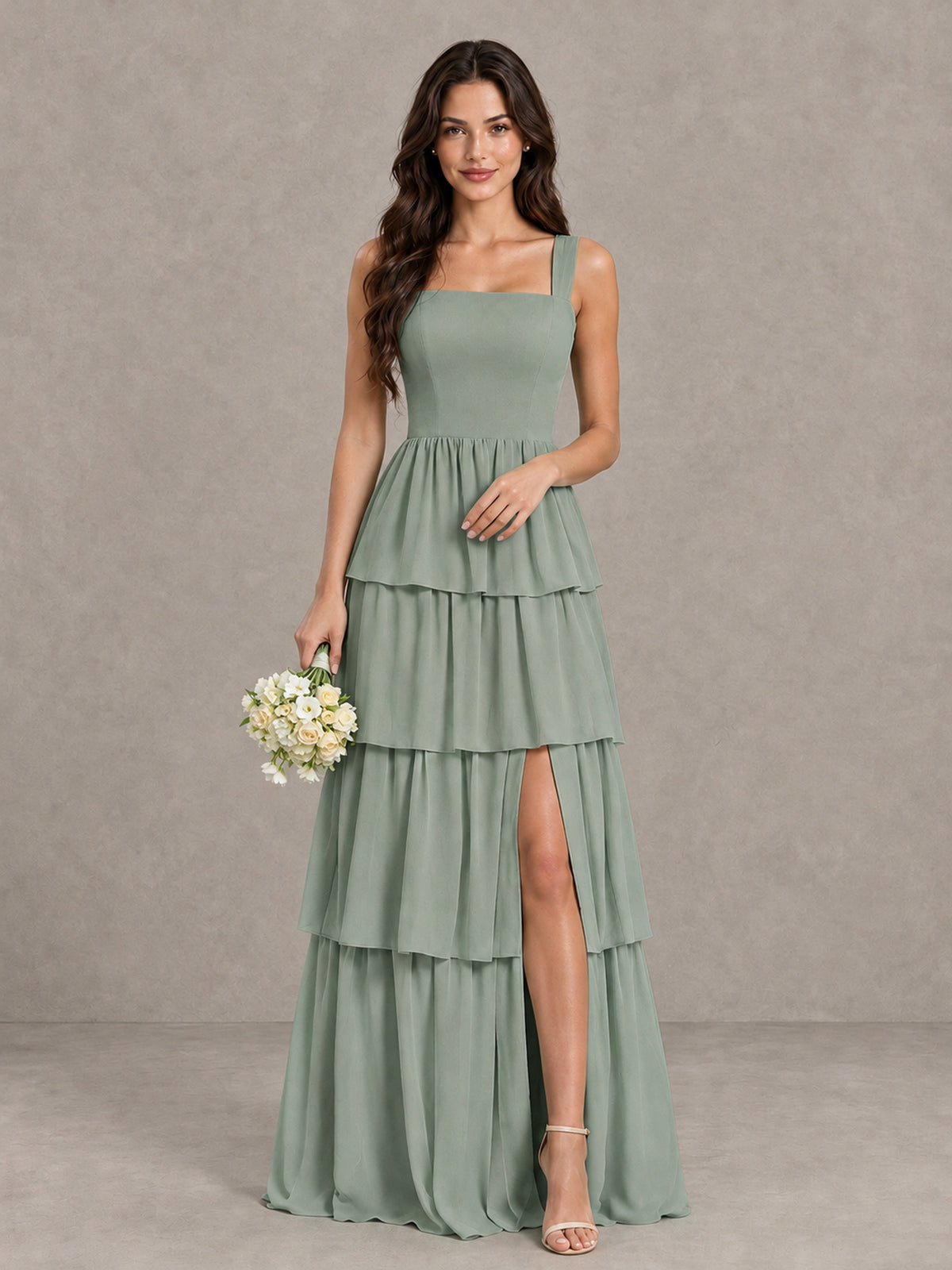 BOLODOO Dusty Sage Square Neck Tiered Bridesmaid Dress with Slit - Dusty Sage - Dusty Sage (1)