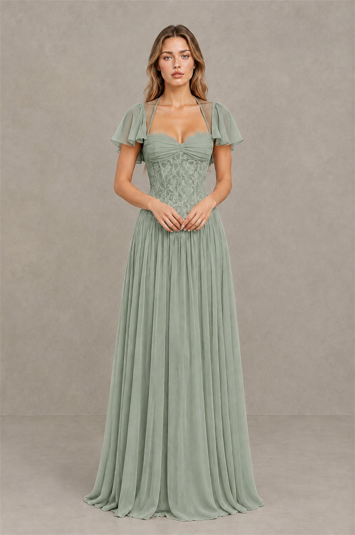 BOLODOO Dusty Sage Flutter Sleeve Lace Corset A-Line Maxi Dress - Dusty Sage - Dusty Sage (1)