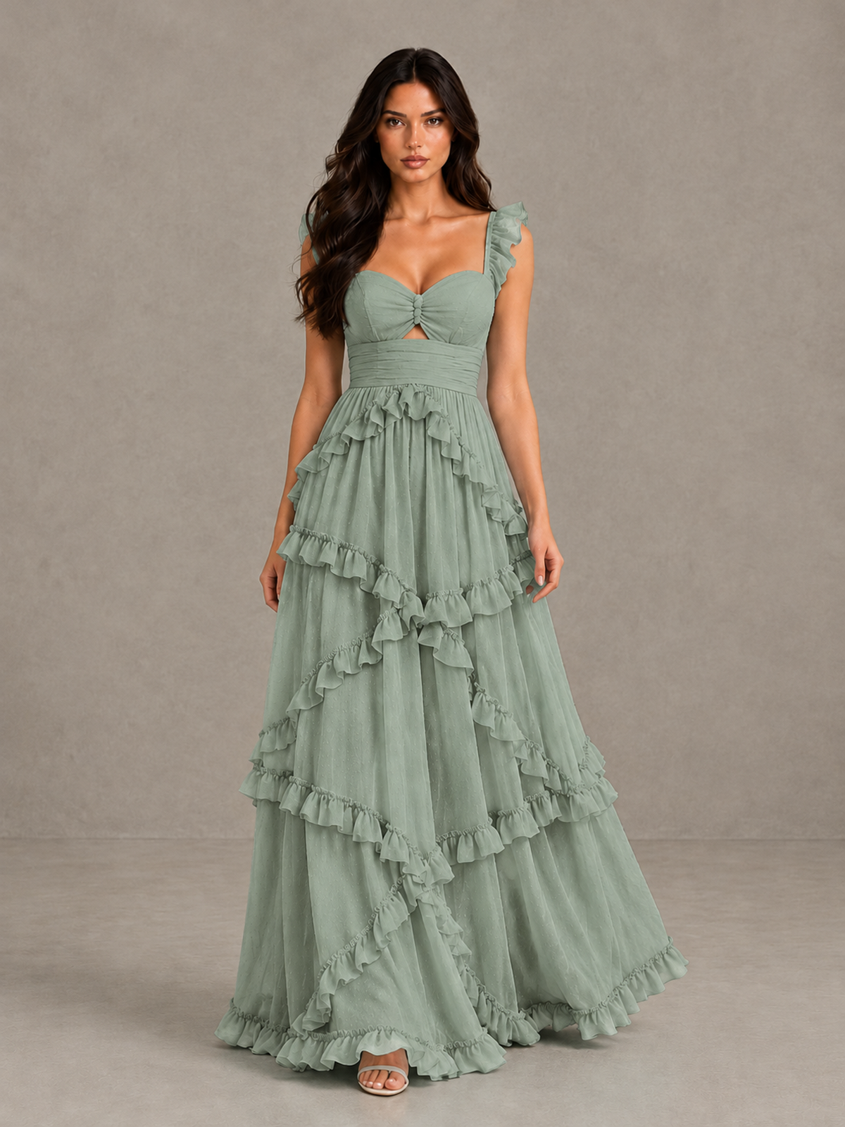 BOLODOO Dusty Sage Ruffle A-Line Prom Dress with Open Back - Dusty Sage - Dusty Sage (1)