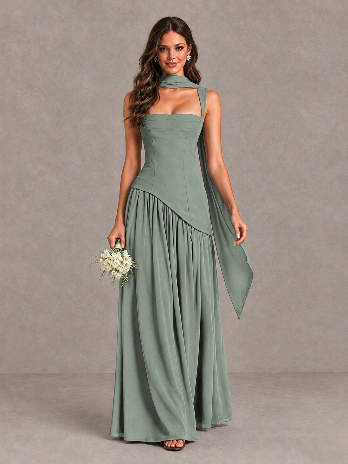 BOLODOO Dusty Sage Brown Scarf Bridesmaid Dress with Lace-Up Back - Dusty Sage - Dusty Sage (1)