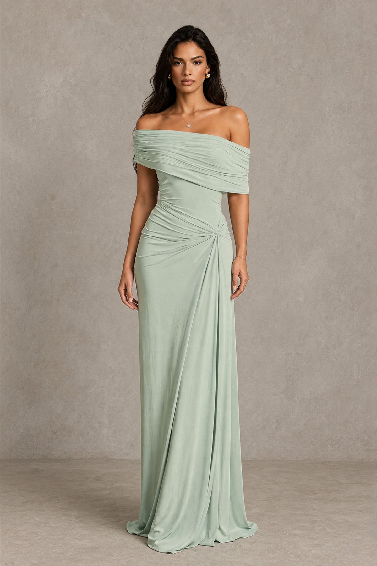 BOLODOO Dusty Sage Off-Shoulder Ruched Maxi Dress - Dusty Sage