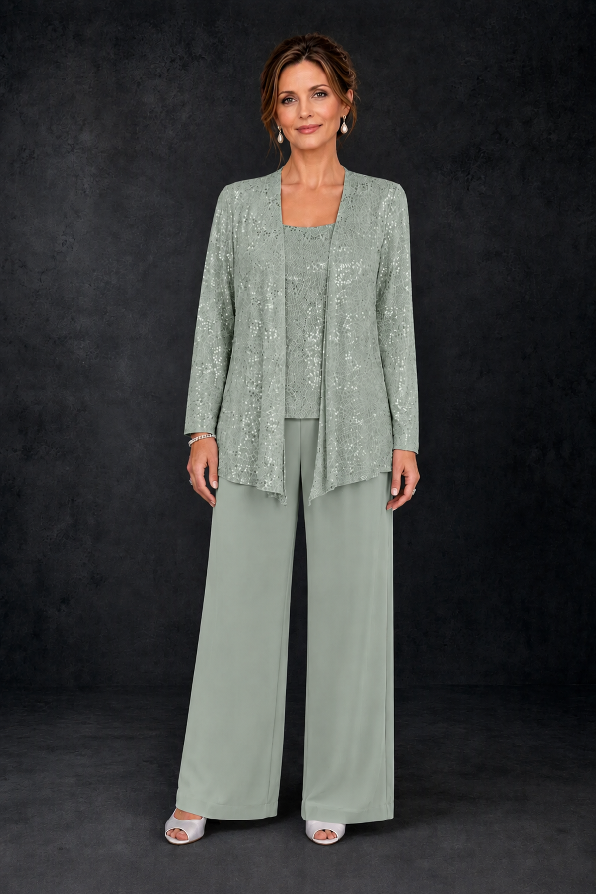 BOLODOO Dusty Sage Sequin Lace 3-Piece Pant Suit with Long Sleeve Jacket - Dusty Sage - Dusty Sage (1)