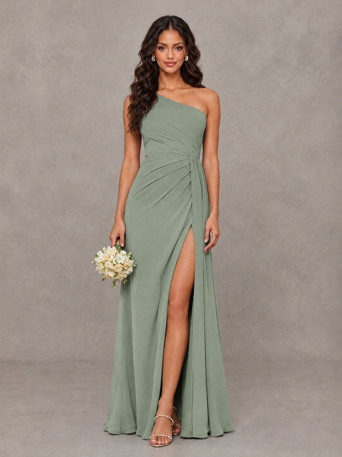 BOLODOO Dusty Sage One-Shoulder Chiffon Bridesmaid Dress with Ruched Bodice & High Slit - Dusty Sage - Dusty Sage (1)