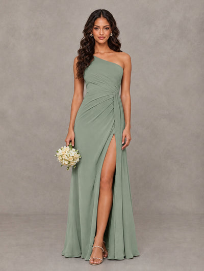BOLODOO Dusty Sage One-Shoulder Chiffon Bridesmaid Dress with Ruched Bodice & High Slit - Dusty Sage - Dusty Sage (1)
