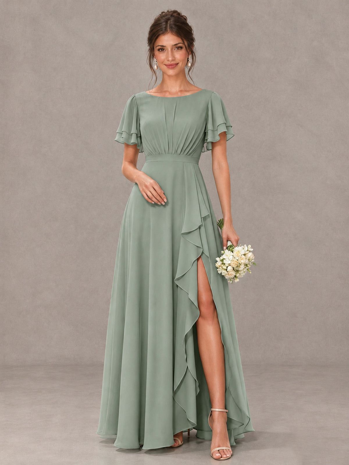 BOLODOO Dusty Sage Flutter Sleeve Ruffle Bridesmaid Dress with Slit - Dusty Sage - Dusty Sage (1)