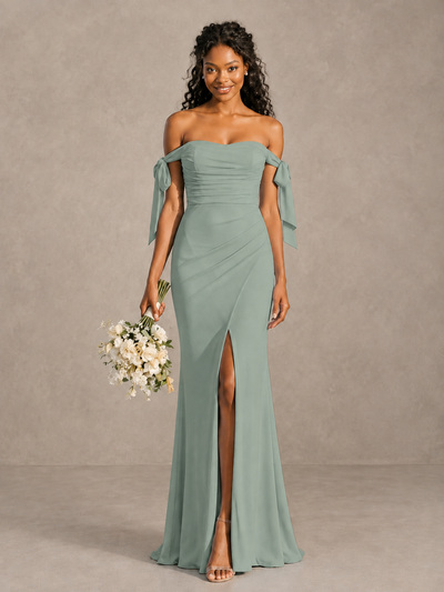 Dusty Sage Off-Shoulder Bow Bridesmaid Dress with Slit - Dusty Sage - Dusty Sage (1)