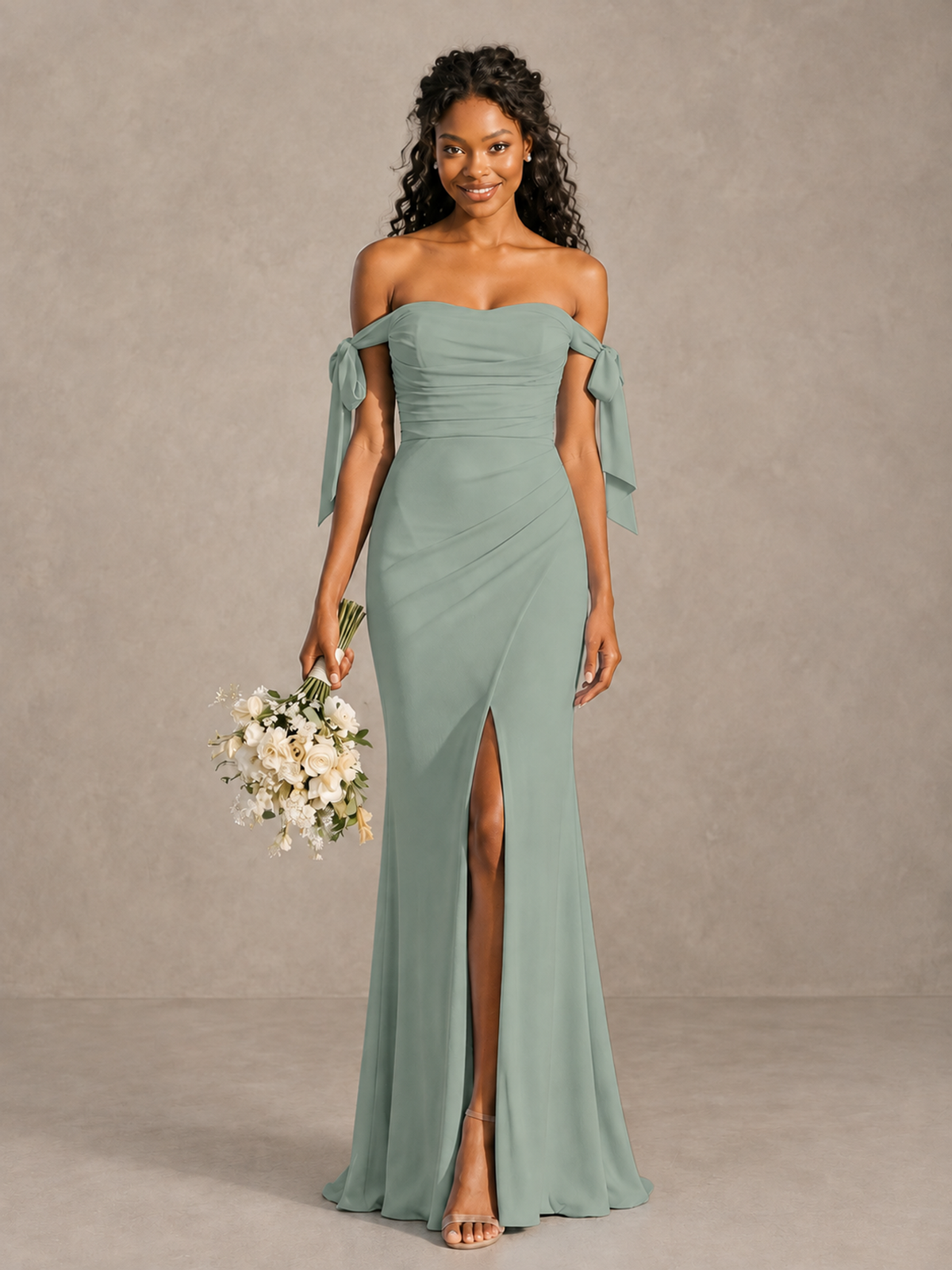 Dusty Sage Off-Shoulder Bow Bridesmaid Dress with Slit - Dusty Sage - Dusty Sage (1)