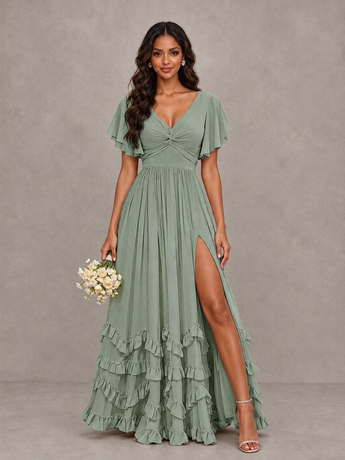 BOLODOO Dusty Sage V-Neck Flutter Sleeve Ruffle Bridesmaid Dress with Slit - Dusty Sage - Dusty Sage (1)