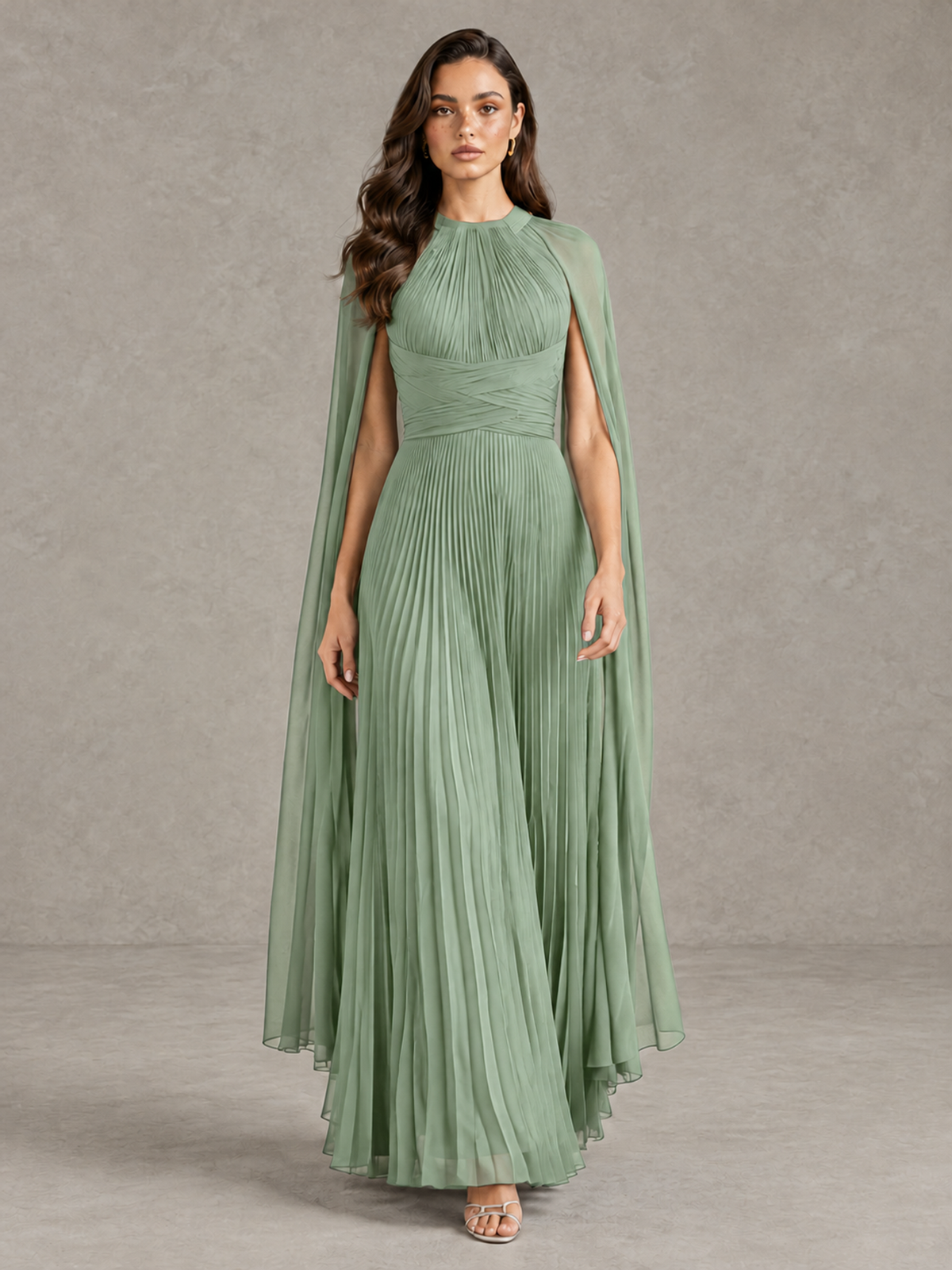 BOLODOO Dusty Sage Pleated Cape Maxi Wedding Guest Dress - Dusty Sage - Dusty Sage (1)
