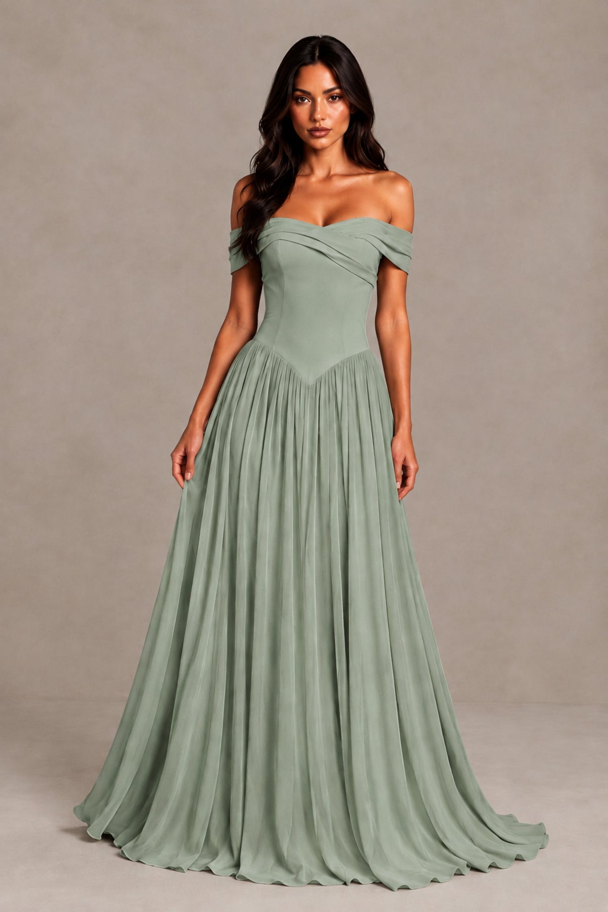 BOLODOO Dusty Sage Off-Shoulder Sweetheart Corset Pleated Chiffon Maxi Dress - Dusty Sage - Dusty Sage (1)