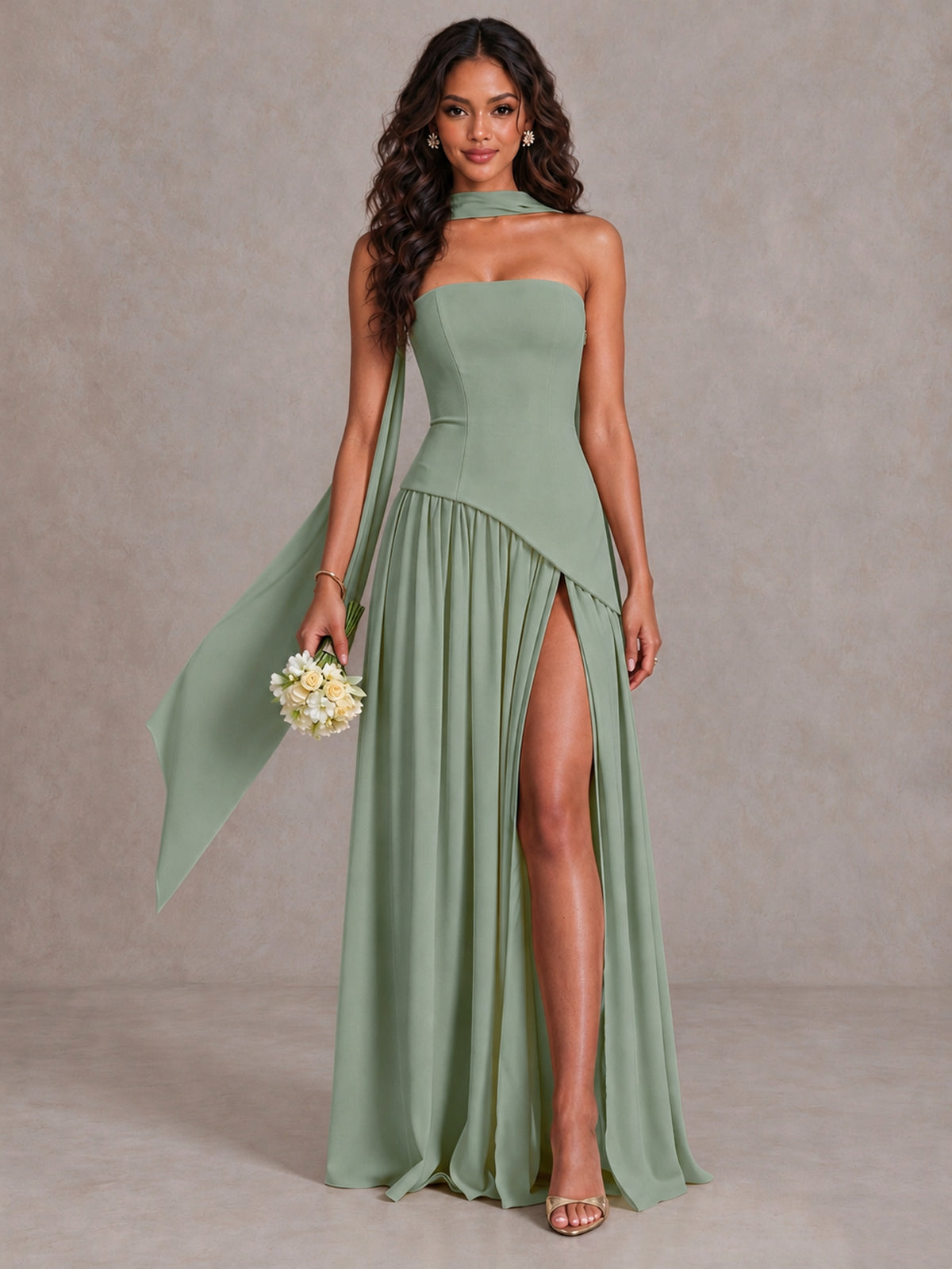Dusty Sage Strapless Bridesmaid Dress with Scarf & High Slit - Dusty Sage - Dusty Sage (1)