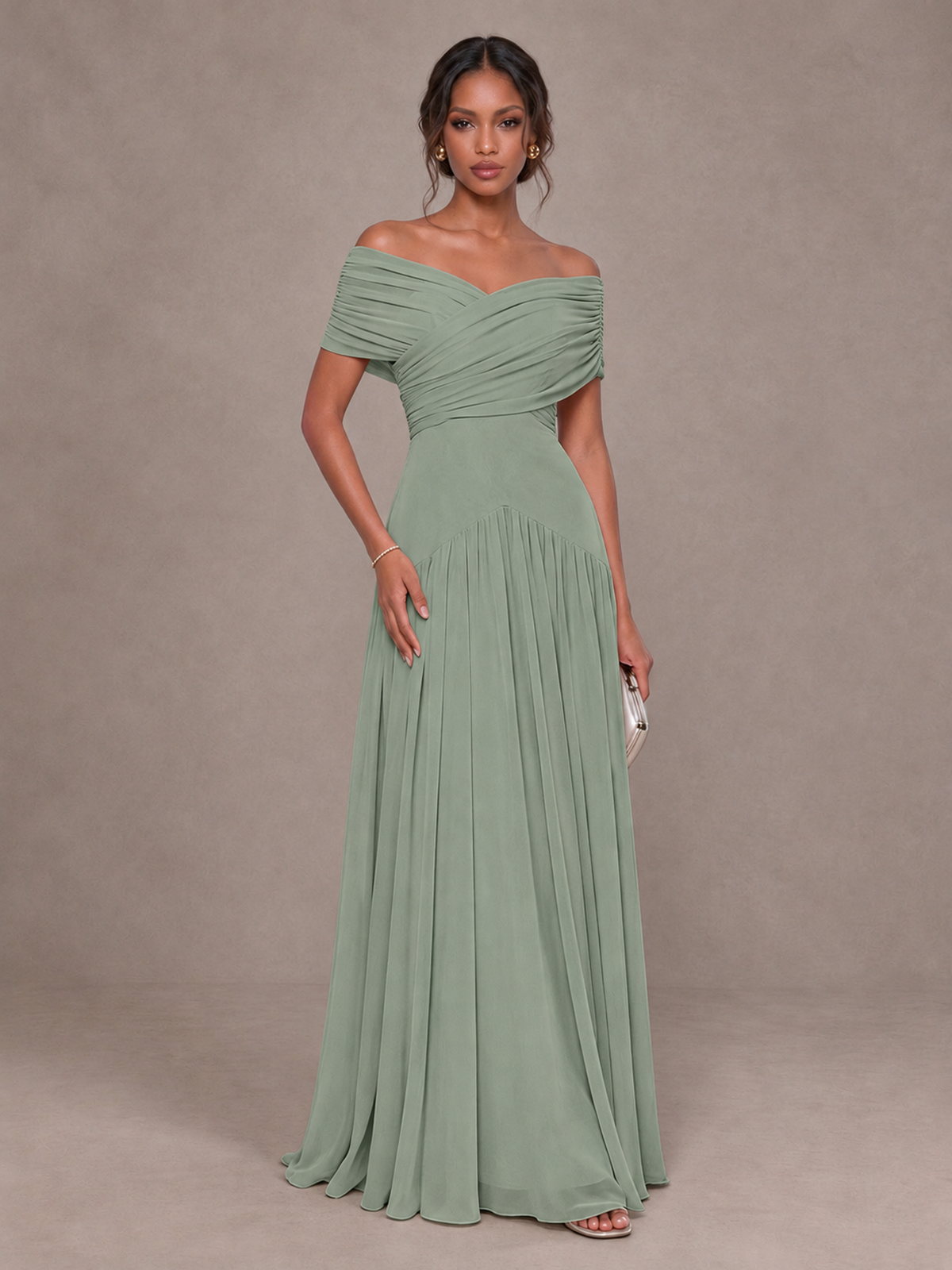 BOLODOO Dusty Sage Off-Shoulder Ruched A-Line Bridesmaid Dress - Dusty Sage - Dusty Sage (1)