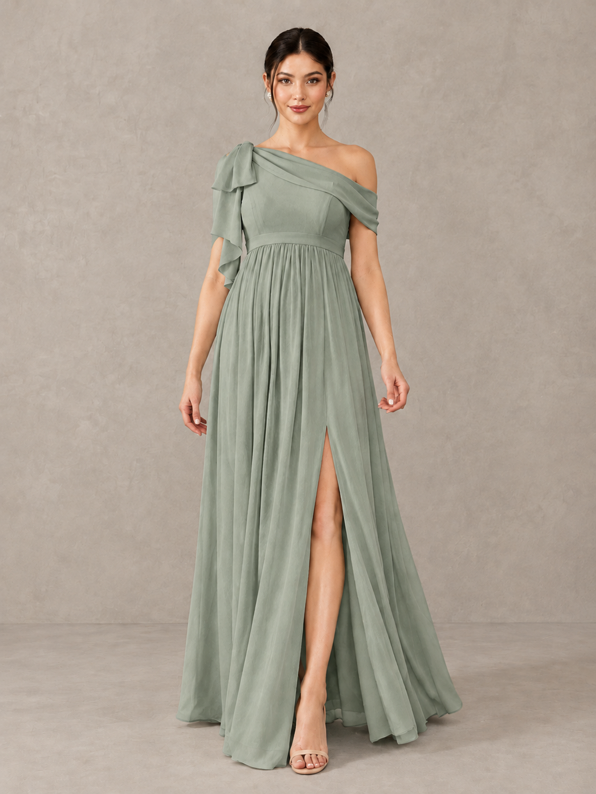 BOLODOO Dusty Sage One-Shoulder Maternity Bridesmaid Dress with Slit - Dusty Sage - Dusty Sage (1)
