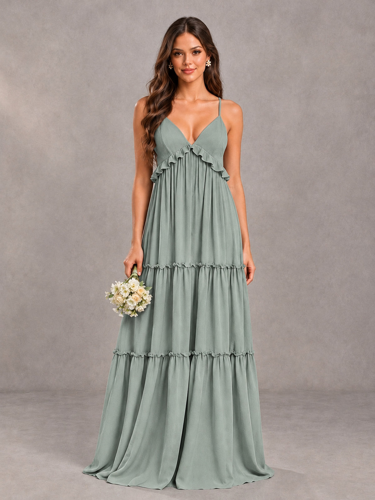 BOLODOO Dusty Sage Tiered V-Neck Lace-Up Back Bridesmaid Dress - Dusty Sage - Dusty Sage (1)