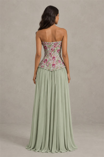 BOLODOO Dusty Sage Strapless Floral Beaded Chiffon Maxi Dress - Dusty Sage