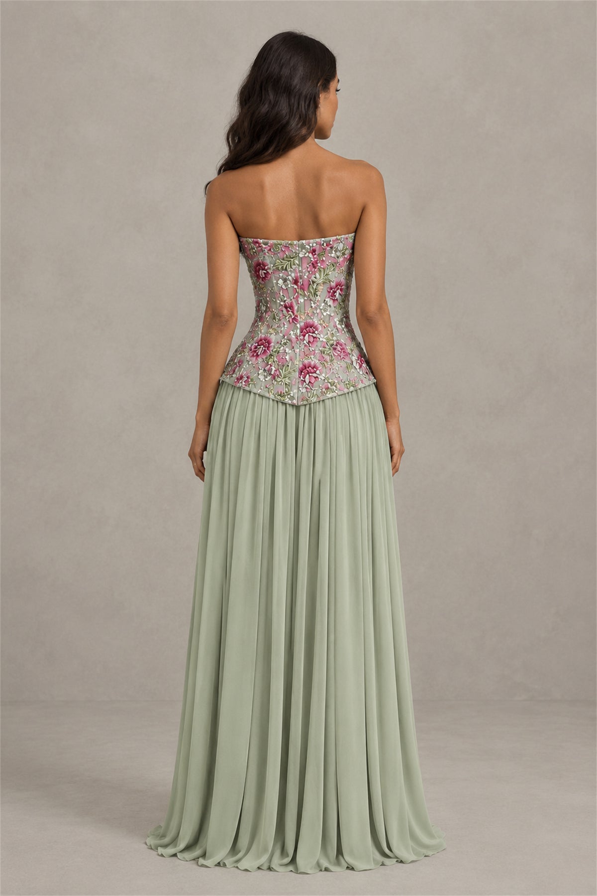 BOLODOO Dusty Sage Strapless Floral Beaded Chiffon Maxi Dress - Dusty Sage