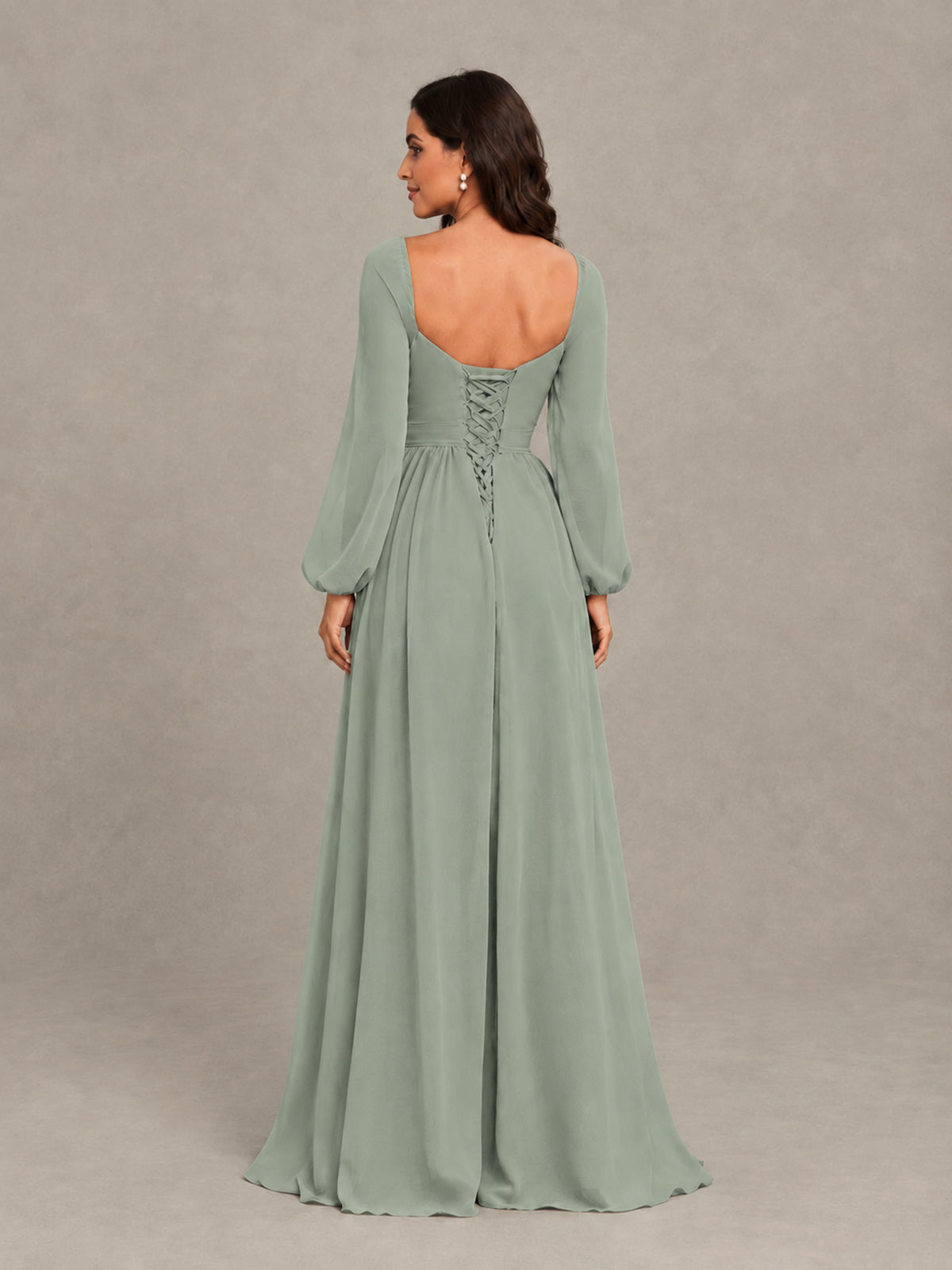 BOLODOO Dusty Sage Long Sleeve Chiffon Bridesmaid Dress with Slit - Dusty Sage - Dusty Sage (2)