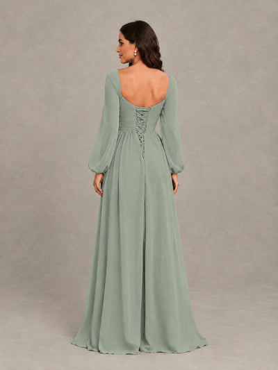 BOLODOO Dusty Sage Long Sleeve Chiffon Bridesmaid Dress with Slit - Dusty Sage - Dusty Sage (2)