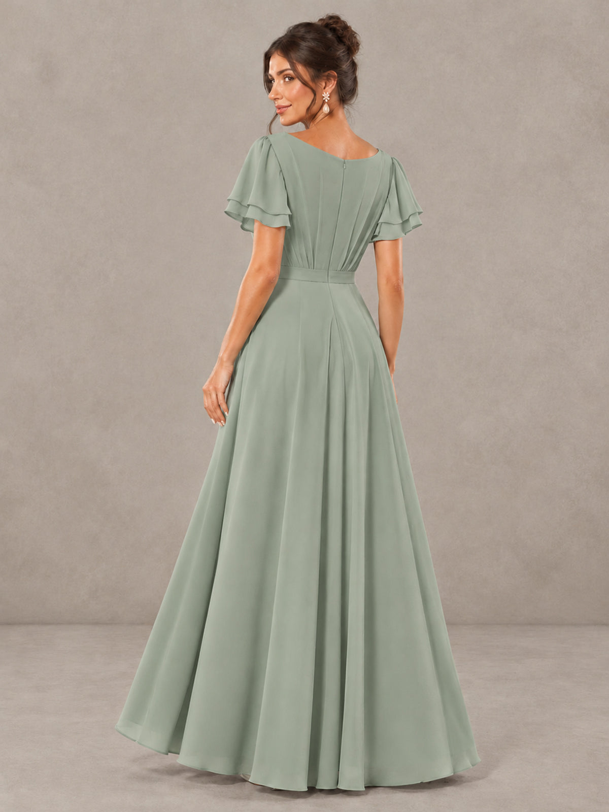 BOLODOO Dusty Sage Flutter Sleeve Ruffle Bridesmaid Dress with Slit - Dusty Sage - Dusty Sage (2)