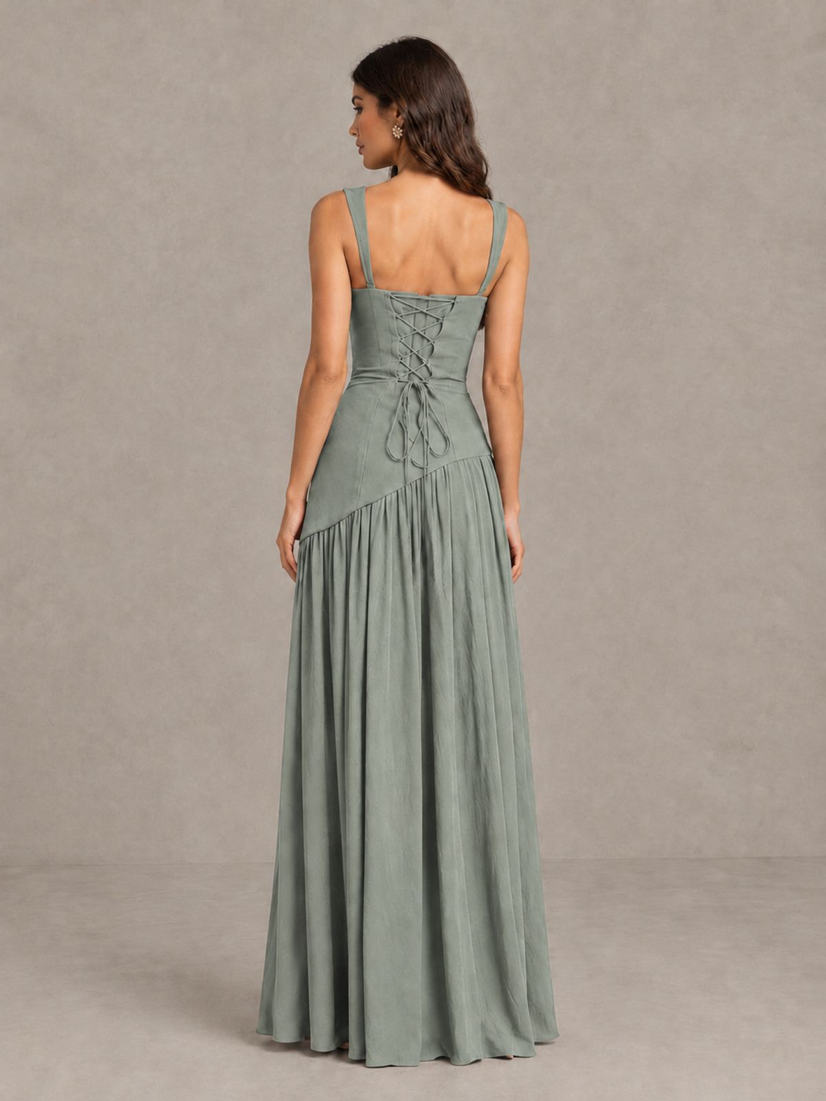BOLODOO Dusty Sage Brown Scarf Bridesmaid Dress with Lace-Up Back - Dusty Sage - Dusty Sage (2)