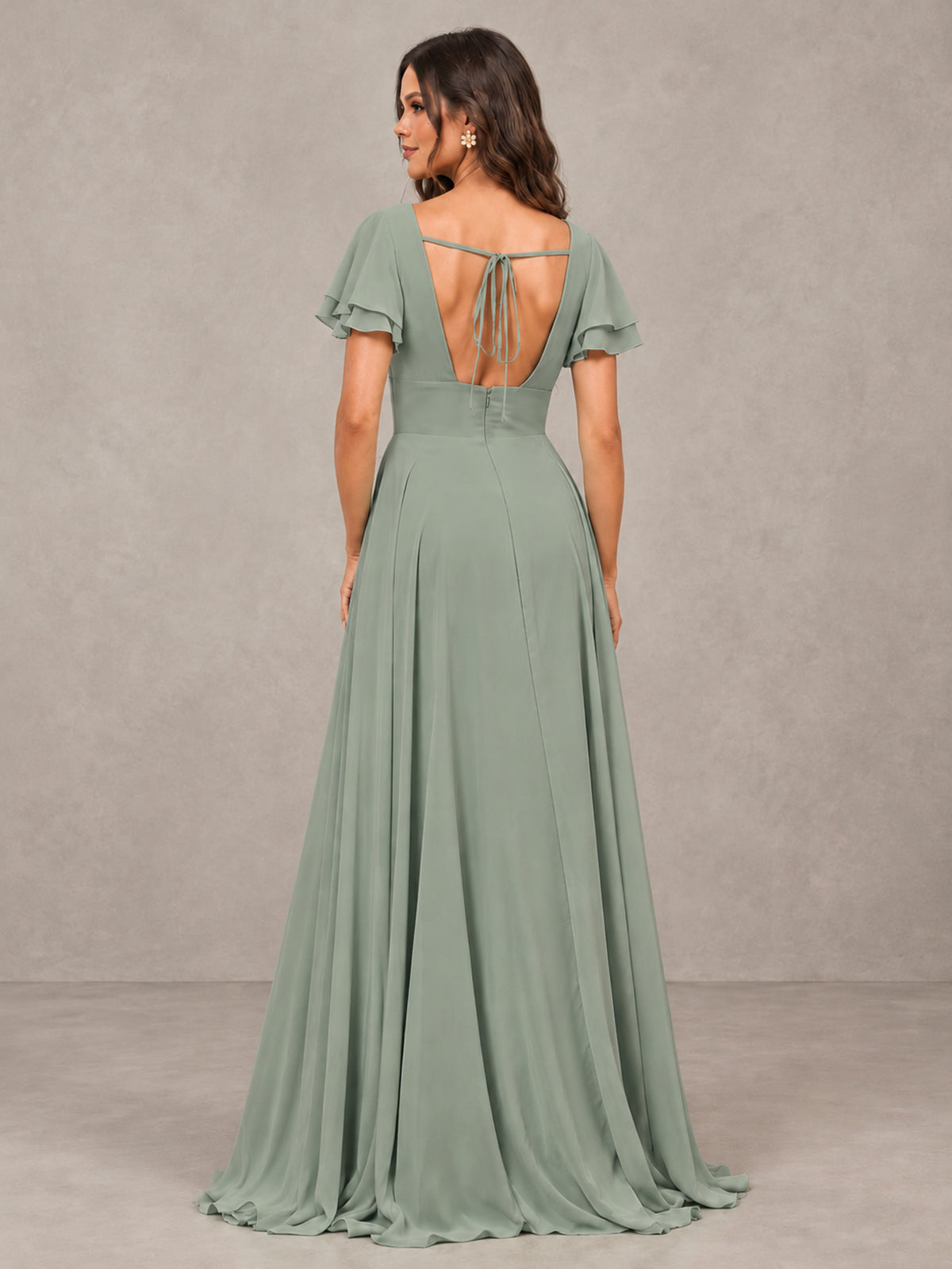 BOLODOO Dusty Sage Flutter Sleeve Chiffon A-Line Maxi Bridesmaid Dress with Open Back & Slit - Dusty Sage - Dusty Sage (2)