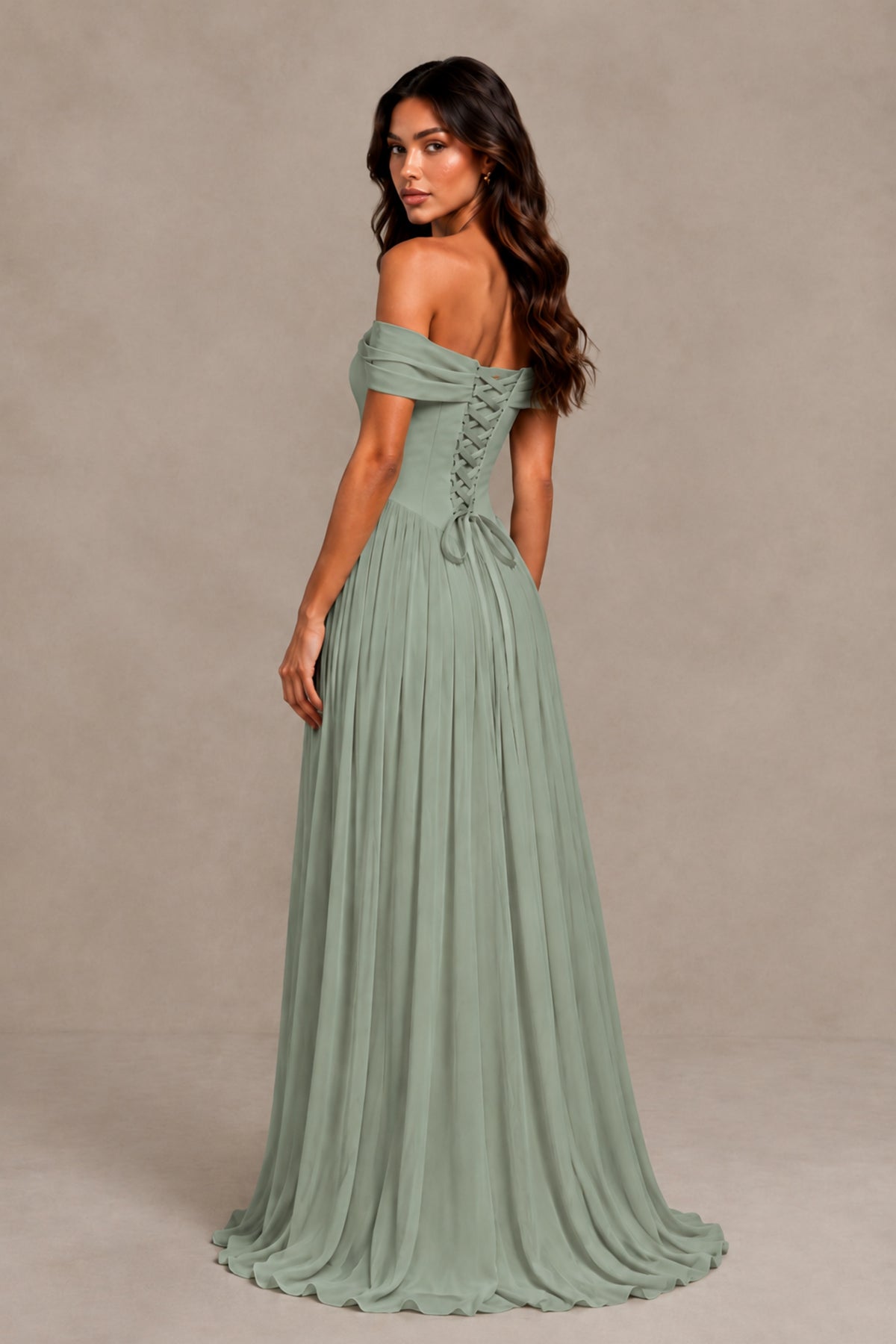 BOLODOO Dusty Sage Off-Shoulder Sweetheart Corset Pleated Chiffon Maxi Dress - Dusty Sage - Dusty Sage (2)