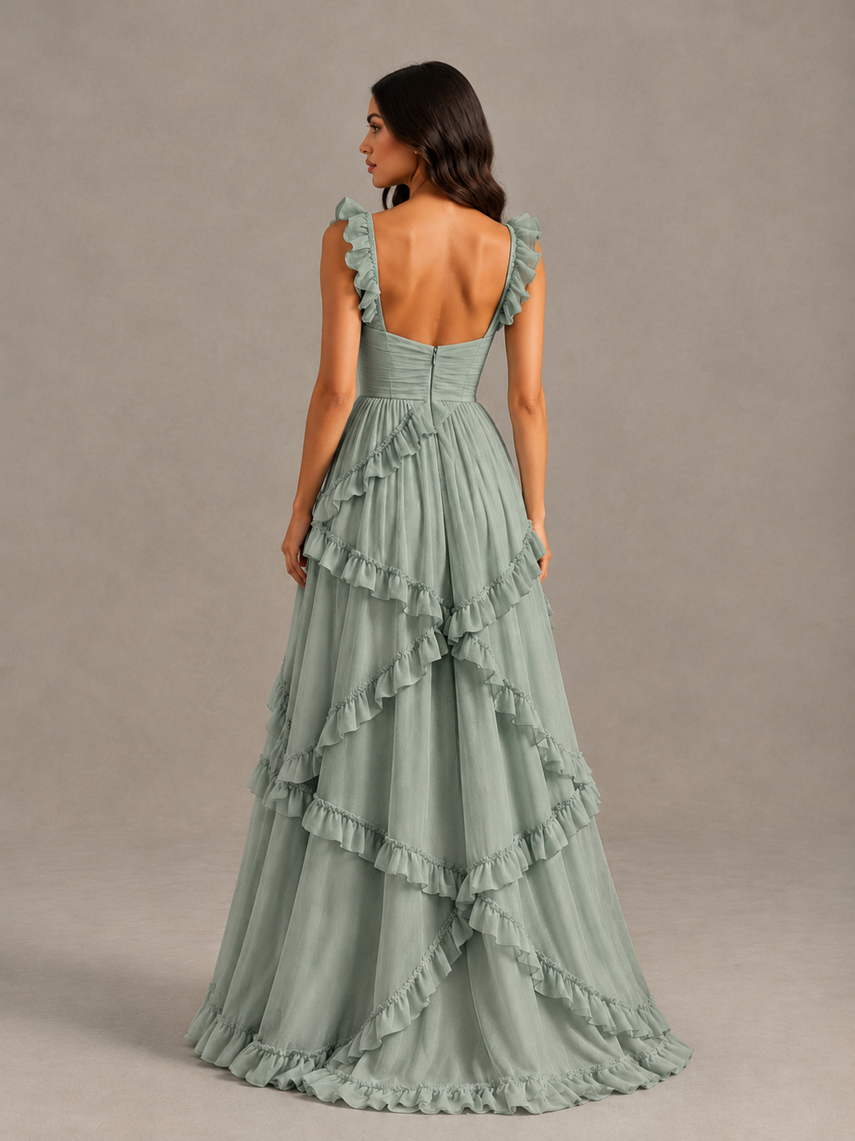 BOLODOO Dusty Sage Ruffle A-Line Prom Dress with Open Back - Dusty Sage - Dusty Sage (2)