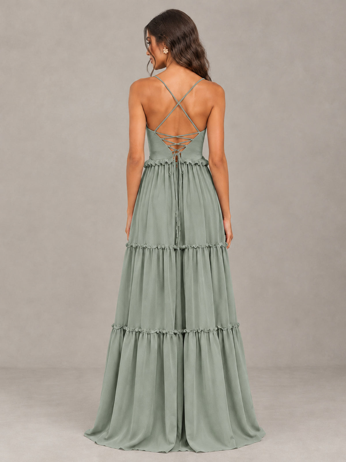 BOLODOO Dusty Sage Tiered V-Neck Lace-Up Back Bridesmaid Dress - Dusty Sage - Dusty Sage (2)