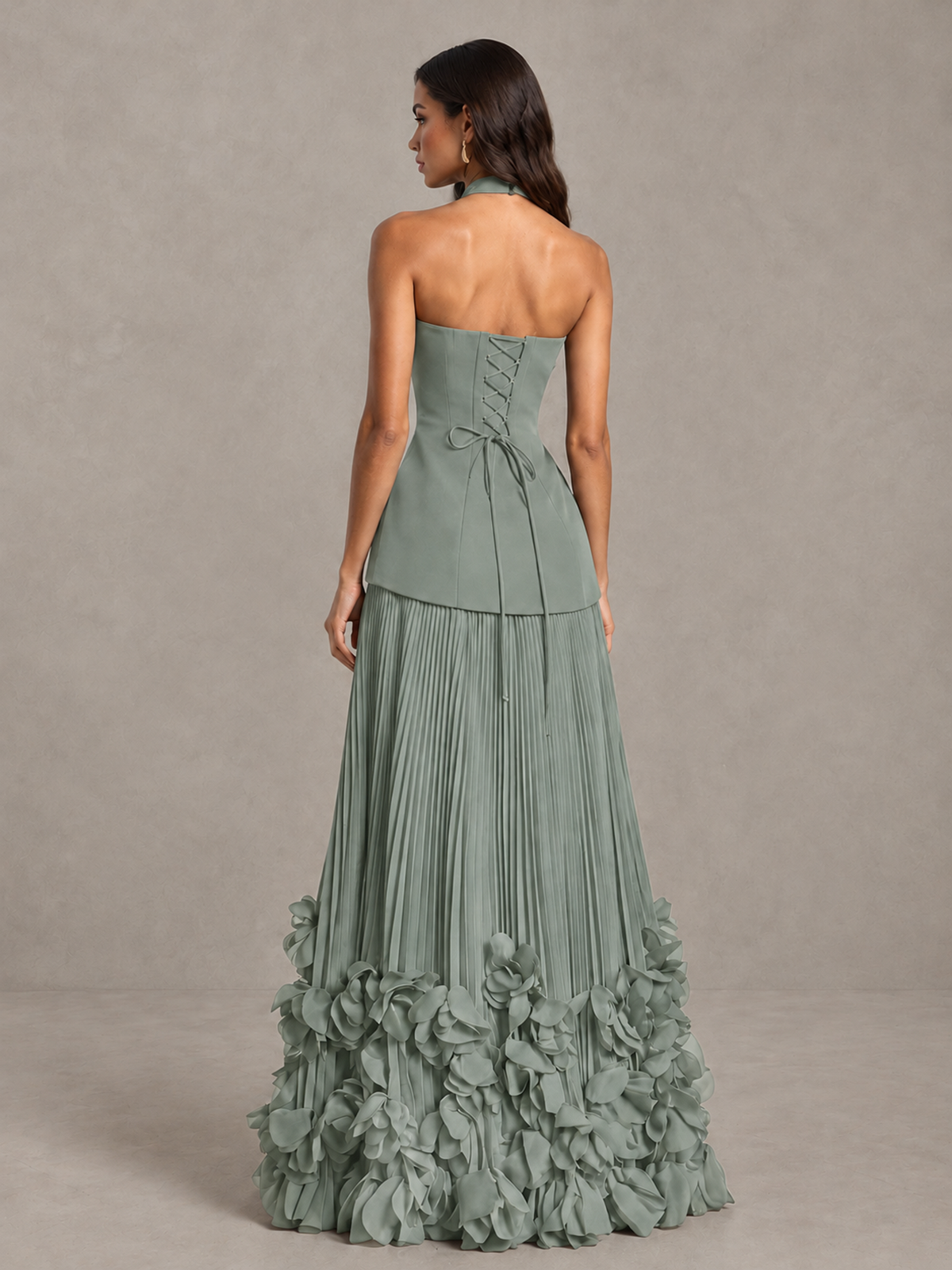 BOLODOO Dusty Sage Halter Neck Floor-Length Evening Gown with High Slit & 3D Floral Hem - Dusty Sage - Dusty Sage (2)