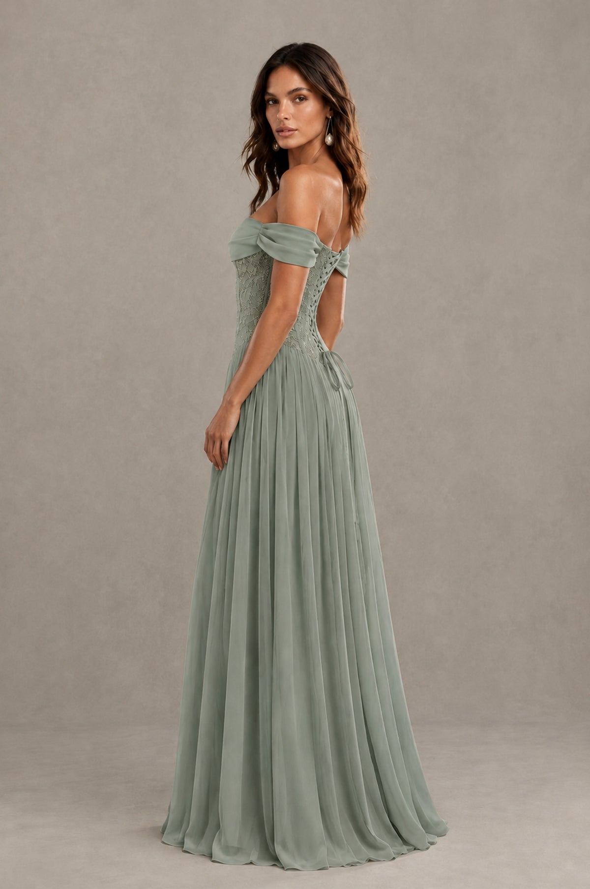 BOLODOO Dusty Sage Off-Shoulder Lace Corset Tulle Maxi Dress - Dusty Sage - Dusty Sage (2)