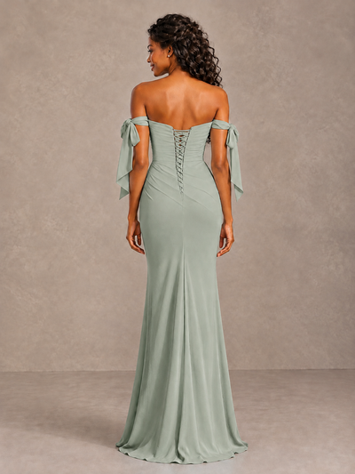 Dusty Sage Off-Shoulder Bow Bridesmaid Dress with Slit - Dusty Sage - Dusty Sage (2)