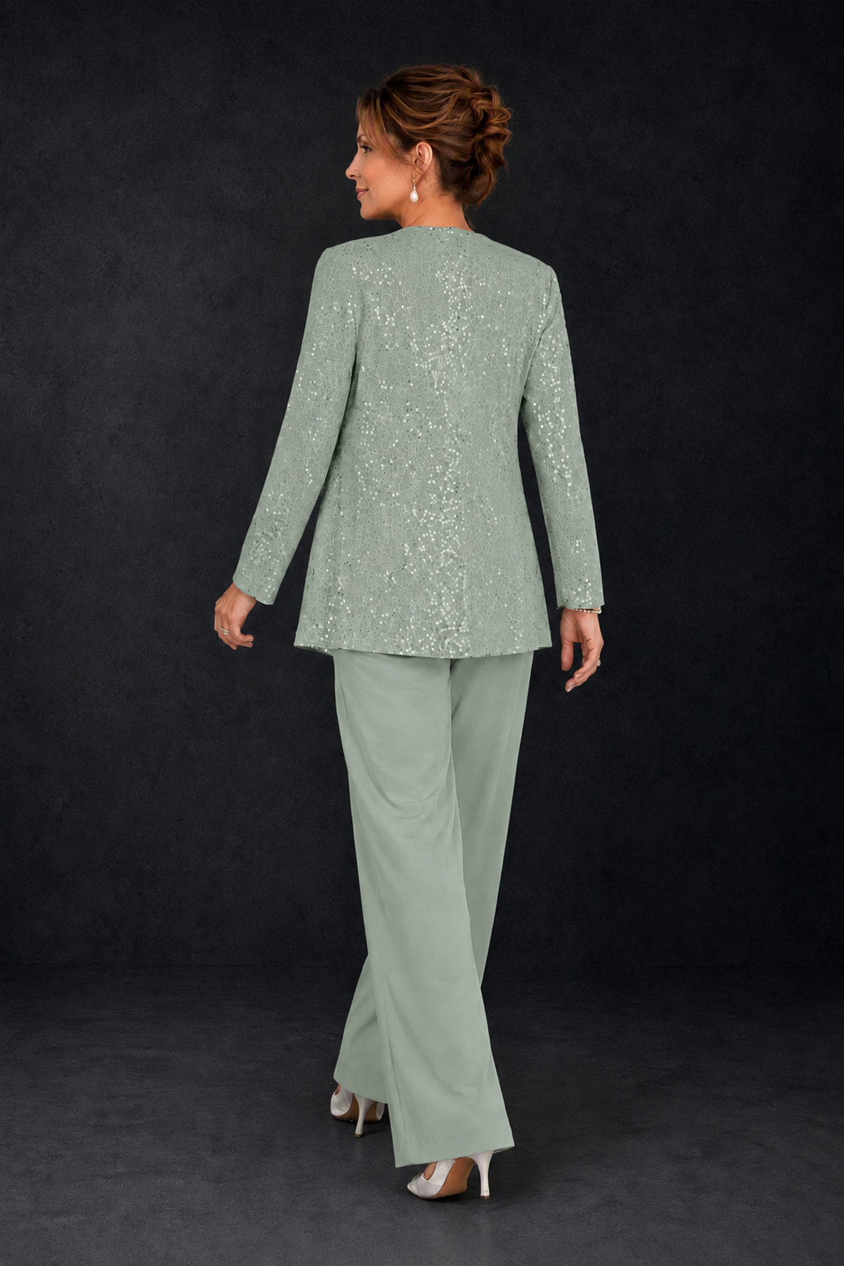BOLODOO Dusty Sage Sequin Lace 3-Piece Pant Suit with Long Sleeve Jacket - Dusty Sage - Dusty Sage (2)
