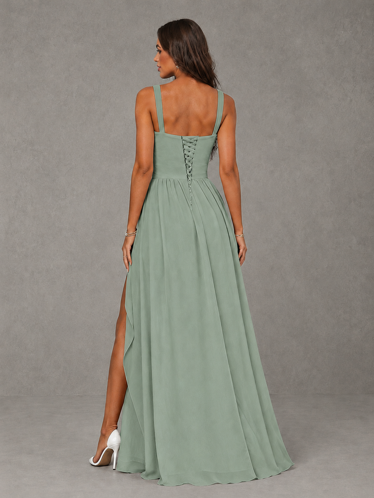 BOLODOO Dusty Sage A-Line Bridesmaid Dress with High Slit & Lace-Up Back - Dusty Sage - Dusty Sage (2)