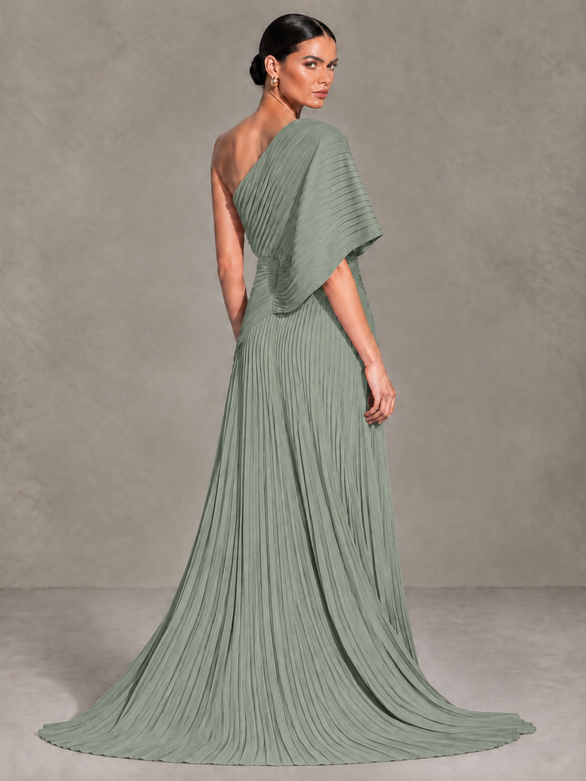 BOLODOO Dusty Sage One-Shoulder Pleated Cape Evening Gown with Train - Dusty Sage - Dusty Sage (2)