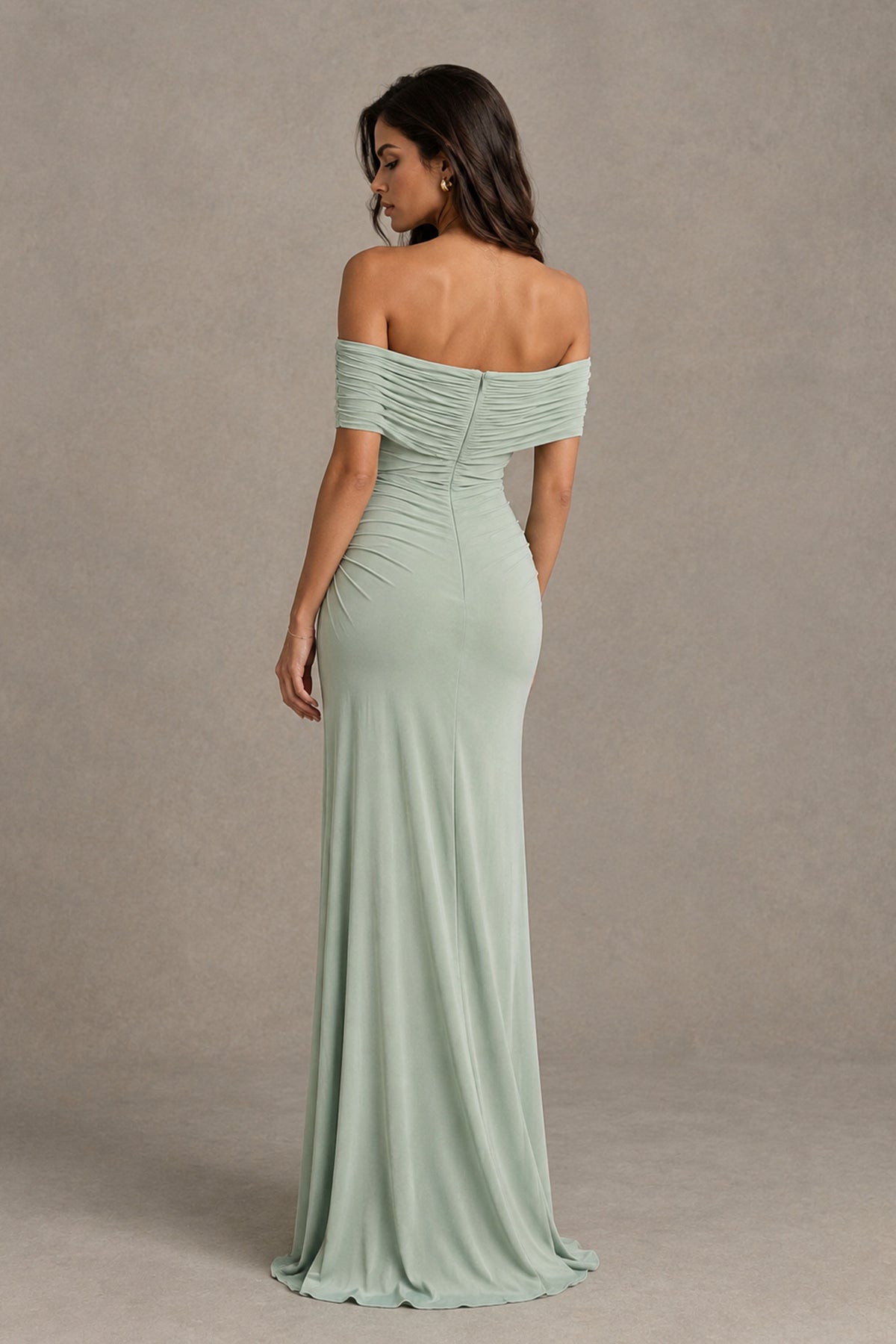 BOLODOO Dusty Sage Off-Shoulder Ruched Maxi Dress - Dusty Sage